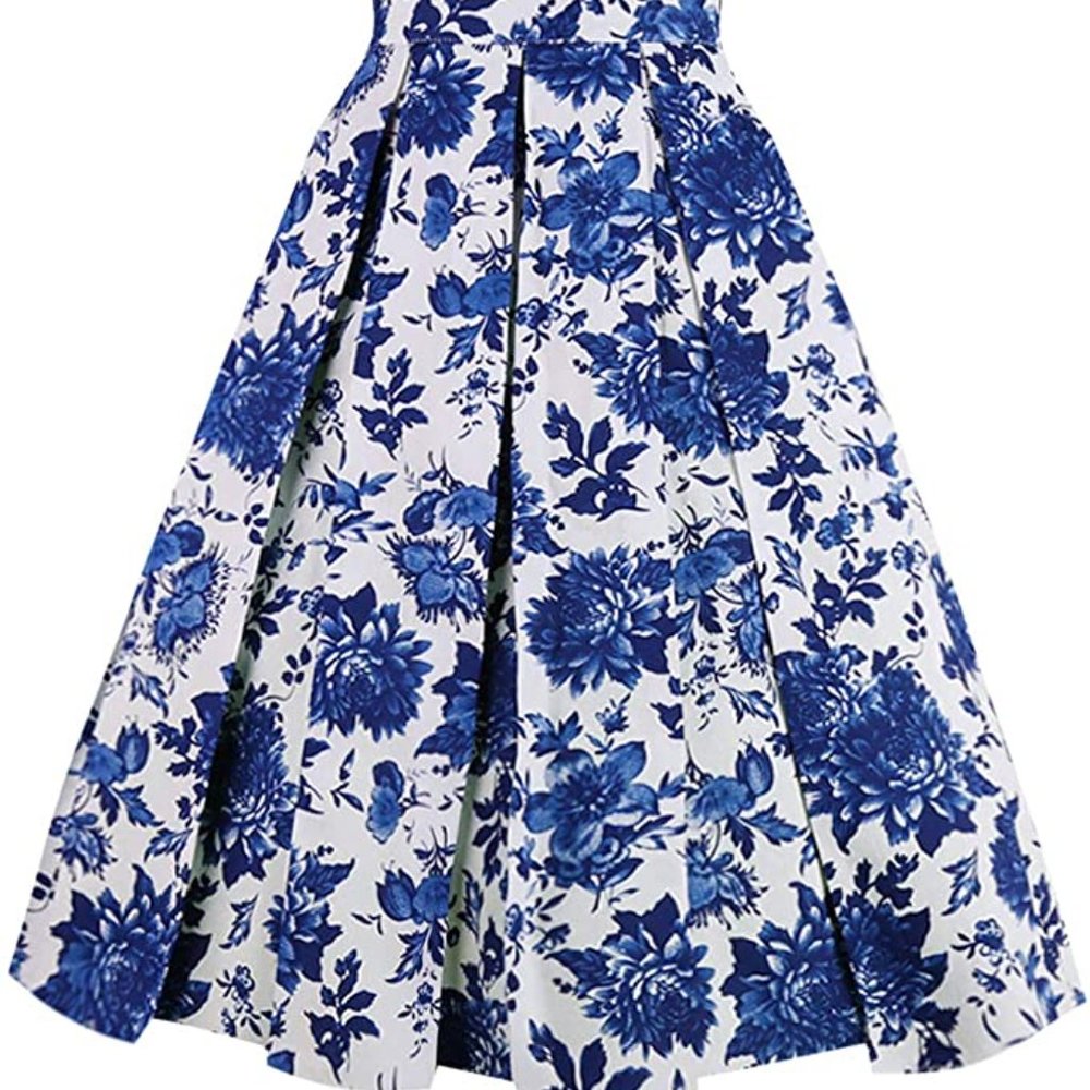 Elegant Blue Pleated Floral A-line skirt